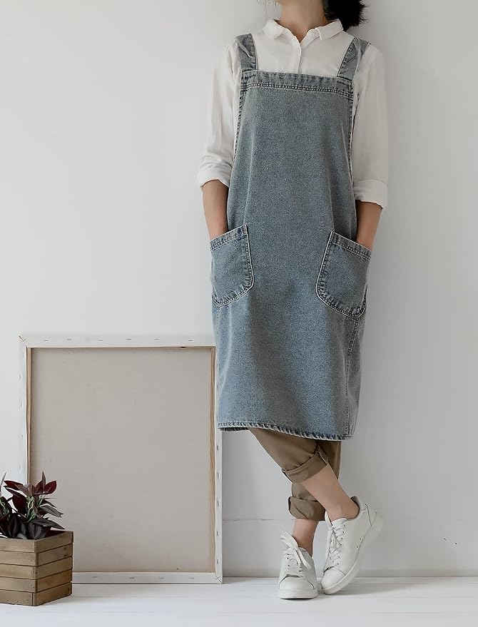 Cotton Denim Apron Soft - Unisex Adjustable Bib Apron with 5-Pockets Perfect for Kitchens - Image 3
