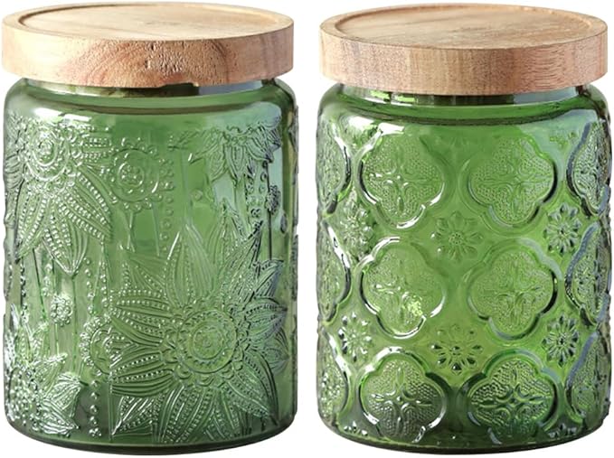 Glass Jar with Lid, Vintage Glass Storage Jars with Airtight Lid Coffee Canister Sugar Container for Kitchen Counter Pantry, Flour, Candy, Tea, Coffee Beans, Oats (Begonia Sunflower Green)