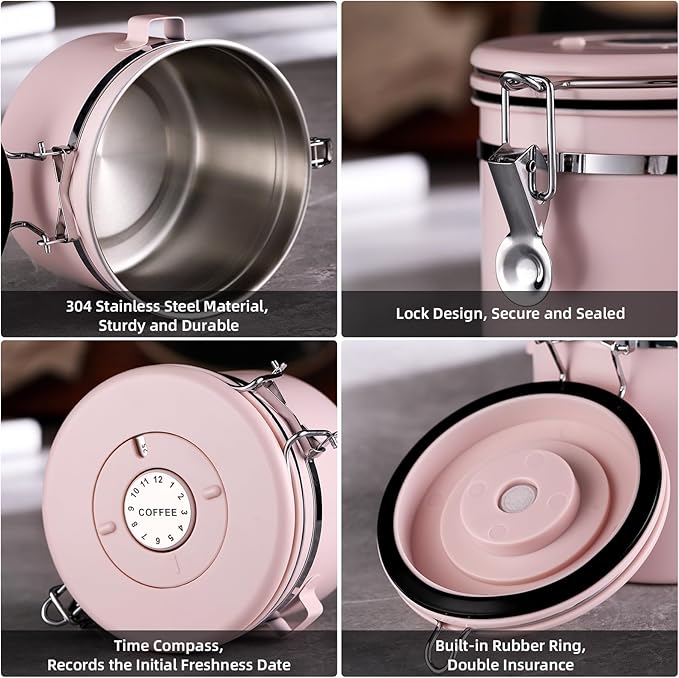 Bincoo Premium Pink Coffee Canister, 1500ml/18oz Large Airtight Stainless Steel Coffee Bean Storage Container with Date Tracker & Scoop (1500ML)