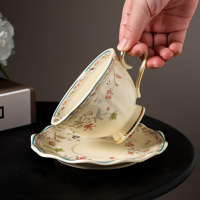 8 oz Vintage flower Ceramic cup and 6" saucer set with Brand customized stainless steel spoon Gifts for Afternoon Tea Coffee Hour (A)