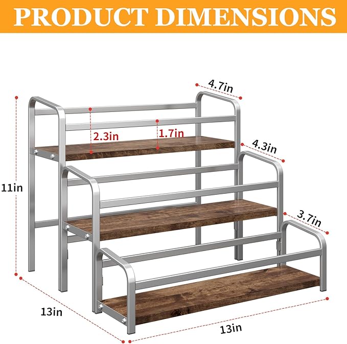 DTUQYX Coffee Syrup Organizer 3-Tier, 12 Bottles Capacity Coffee Syrup Rack, Syrup Stand for Spice, Wine, Liquor, Bottle, Coffee Bar Station Racks Magnetic, No Installation (Dark-Colored Wood, Grey)