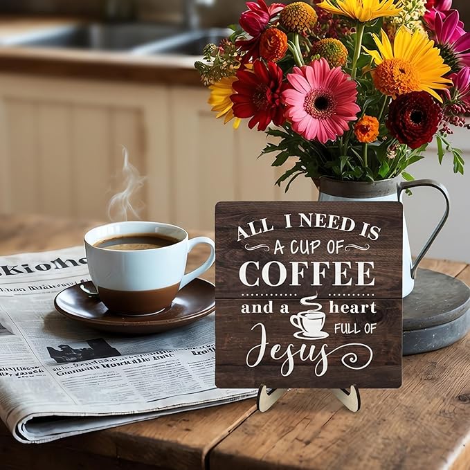 Coffee Bar Sign Plaque Decor-A Heart Full of Jesus,Cafe Bar Accessories,Christian Rustic Wooden Tabletop Plaque with Stand, Faith Scripture Mini Counter Sign for Kitchen Coffee Station Office 5.9x5.9