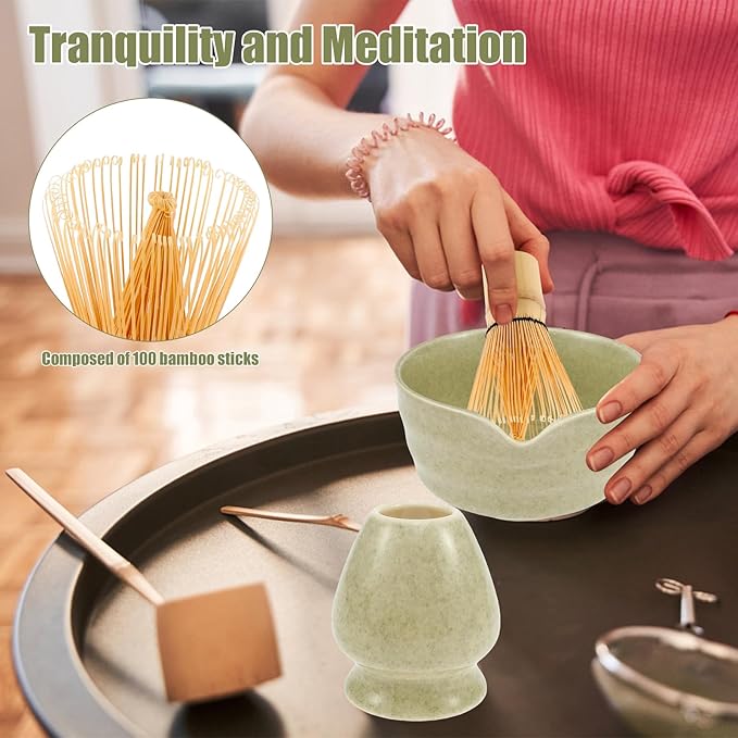 Matcha Whisk Set, 5 Pcs Matcha Set Whisk and Bowl with Spout, Matcha Whisk Holder, Matcha Spoon, Stainless Sifter, Perfect Matcha Kit for Matcha Lover (Matcha Green)