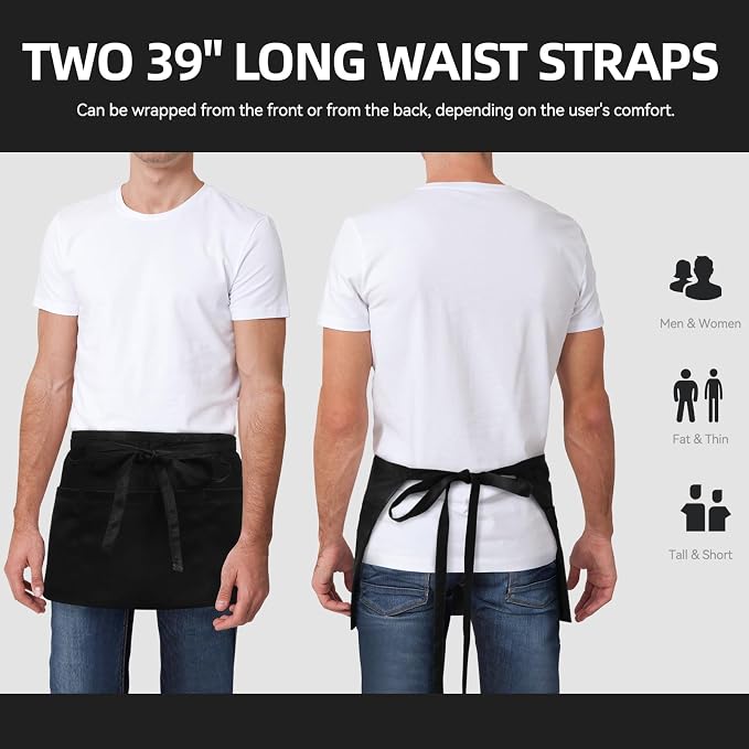 NLUS 1 Pack Server Apron with 3 Pockets, Water Oil Stain Resistant Waitress Waiter Apron Black Waist Aprons Bistro Apron for Women Men, 24 X 12 inch - Image 4