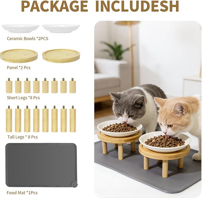 Upgraded Elevated Cat Bowls with Food Mat, Raised Ceramic Cat Dishes with Bamboo Stand, Shallow Wide Pet Feeding Bowls Whisker-Friendly for Food and Water, (Ceramic,Set of 2)