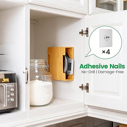 Bamboo Kitchen Scale Holder, Wall Mount or Magnetic Fridge Mount – No-Drill Adhesive Organizer for Digital Food & Coffee Scales | Slim Space-Saving Storage
