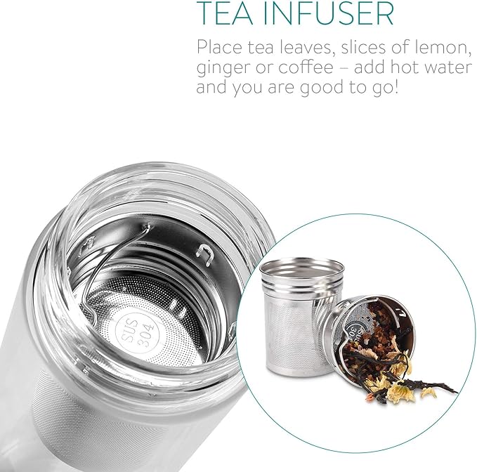 Navaris Glass Water Bottle with Tea Infuser - Double Walled Borosilicate Glass Travel Tumbler with Bamboo Lid and Non Slip Gray Neoprene Sleeve - 17oz