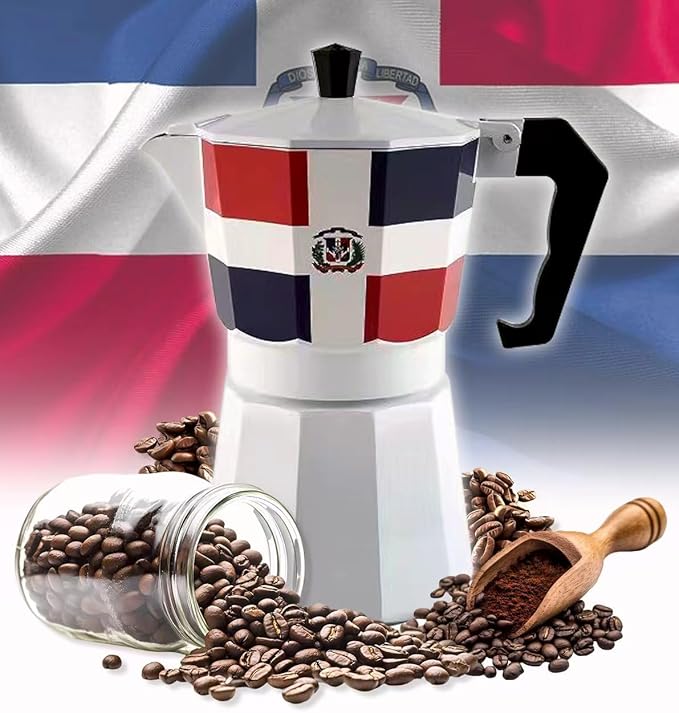 PRK 14 Dominican Republic Coffee Greca Pot – Classic Domicano Stovetop Espresso Maker with DR Flag Design – Traditional Moka Style Cafetera for Rich Dominican Cafe at Home 6 Cups