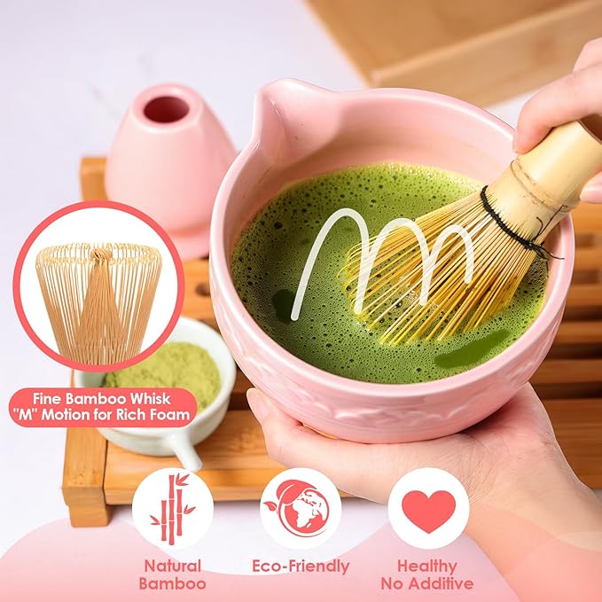 Matcha Whisk Set, ZBUFAN 7 Pcs Pink Matcha Kit with Bamboo Whisk(Chasen) and Holder, Ceramic Matcha Bowl with Spout, Japanese Tea Set with Matcha Sifter and Scoop