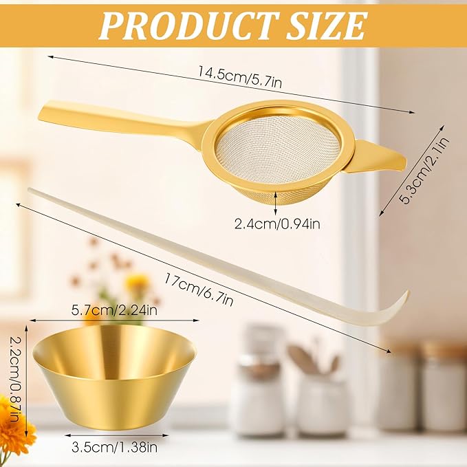 2.2" Mini Matcha Sifter Set, 30 Fine Mesh Matcha Strainer with Handle and Base, Stainless Steel Small Tea Strainer for Loose Tea Coffee Cocktail(Gold)