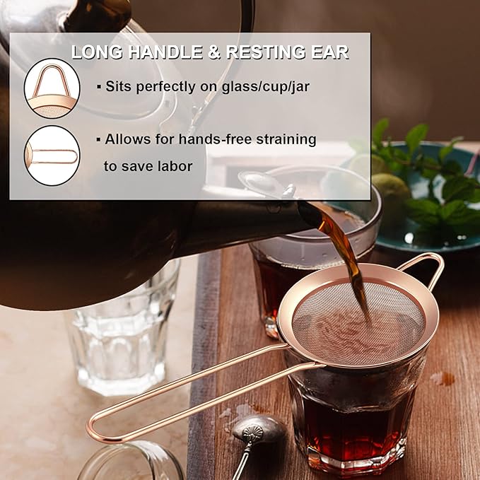 Fine Mesh Strainer Set of 2, E-far 3.3 Inches Stainless Steel Tea Strainer with Long Handle, Small Conical Mesh Strainers Sieve for Cocktail Coffee Food, Rust Proof & Easy to Clean(Rose Gold)