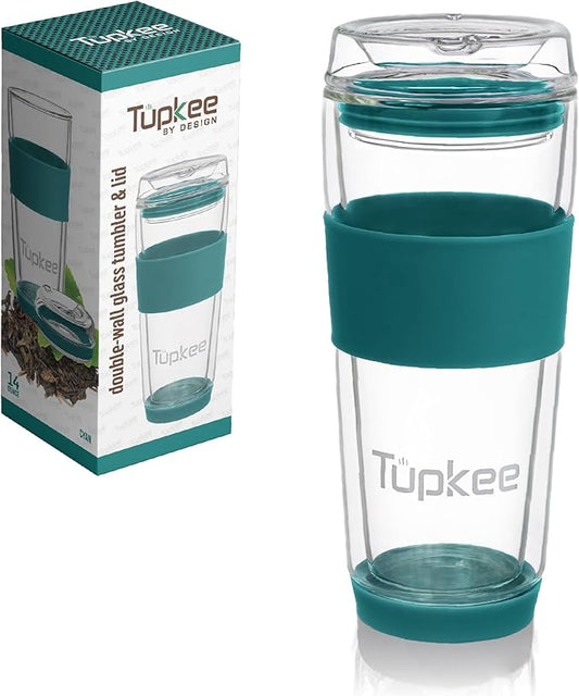 Tupkee Double Wall Glass Tumbler - 14-Ounce, All Glass Reusable Insulated Tea/Coffee Mug & Lid, Hand Blown Travel Mug - Cyan