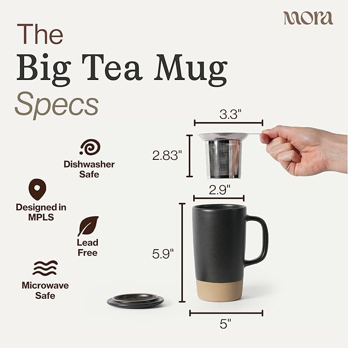 MORA Ceramics Large Tea Mug with Loose Leaf Infuser and Ceramic Lid, 18 oz, Portable, Microwave, Dishwasher Safe, Tall Coffee Cup - Rustic Matte Ceramic Glaze, Modern Herbal Tea Strainer, Liquorice
