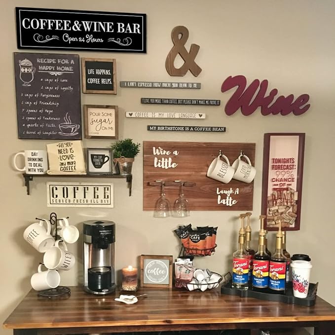 WOWGOOMO Coffee and Wine Bar Signs Decor, Classic Kitchen Wine Cabinet Decorative Signs & Plaques, Black Bar Accessories, 8x24 Inches