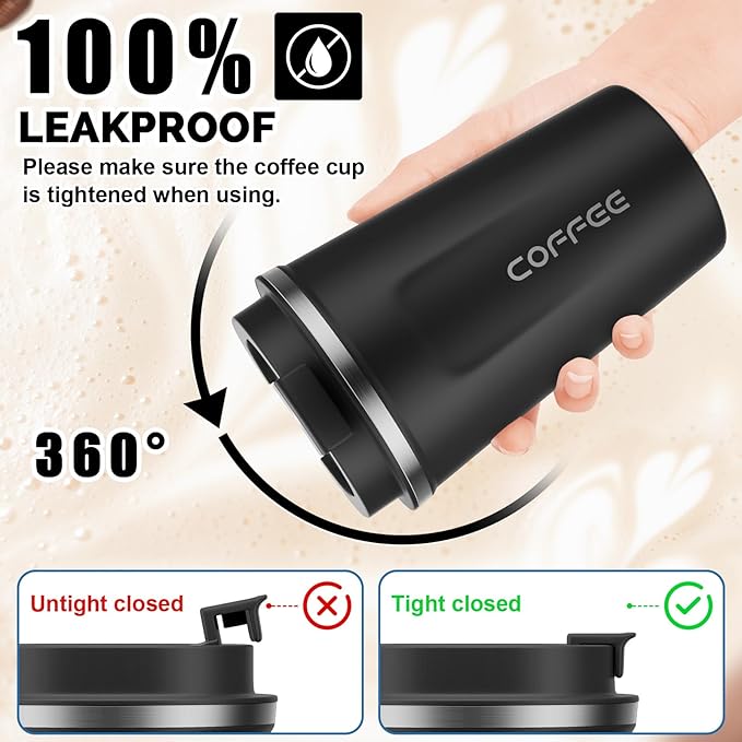 MOMSIV 12oz Travel Mug, Insulated Coffee Cup with Leakproof Lid, Vacuum Stainless Steel Double Walled Reusable Tumbler for Hot and Cold Water Coffee and Tea In Travel and Car Black