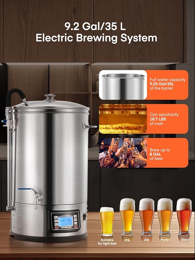 FOHERE Electric Brewing System, 9.2 Gal/35 L Brewing Pot, All-in-One Home Beer Brewer, Stainless Steel Mash Boil Device with 7-step Programmable Mashing Process,10 Recipe Memory (Silver)