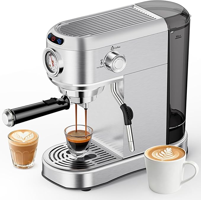 Espresso Machine, 20 Bar Compact Espresso Maker with Steam Milk Frother, Stainless Steel Expresso Machines for Home, 34oz Removable Water Tank for Latte, Cappuccino, Silver