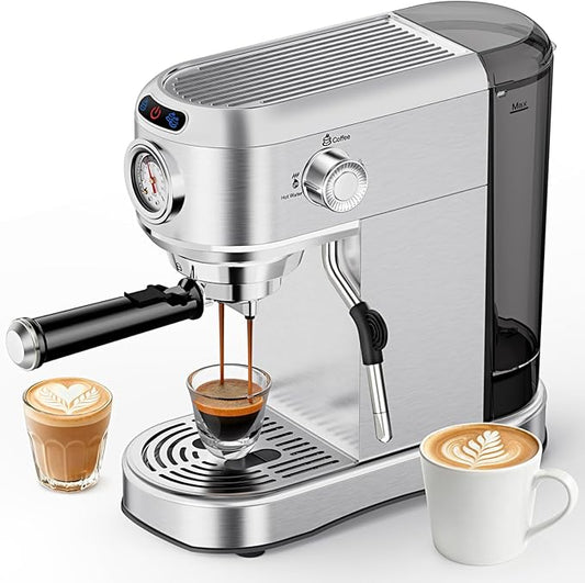 Espresso Machine, 20 Bar Compact Espresso Maker with Steam Milk Frother, Stainless Steel Expresso Machines for Home, 34oz Removable Water Tank for Latte, Cappuccino, Silver