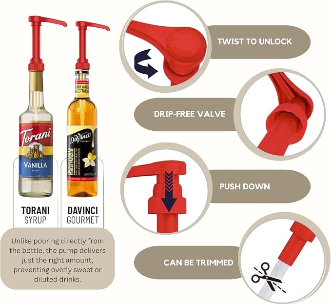 Syrup Pump Compatible with Torani, Davinci and Skinny (Set of 2) - fits Bottles (25.4 oz-750ml) (Red) - Image 3
