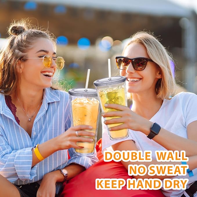 Zukro Clear Acrylic Tumbler with Straw and Lid 32 oz, Double Walled Insulated Reusable Plastic Iced Coffee Cup, To Go Cup Perfect for Parties, Birthdays, Fit in Cupholder, BPA Free, 2 Pack