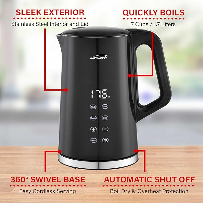 Brentwood 1100W 1.7L Cordless Cool Touch Digital Kettle with Stainless Steel Interior, Temperature Control with 4 Presets, 360° Base, Auto Shut-Off, Keep Warm, & Boil Dry Protection (Black, 7.2 Cups)