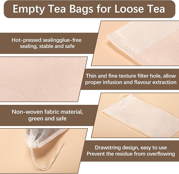 300 Pcs Empty Tea Bags for Loose Leaf Tea, Disposable Small tea Filter Bags with Drawstring fillable Cloth Diy Empty Tea Sachets for Loosetea, Coffee, Herbs, Spice (3.54 x 2.75 inch)
