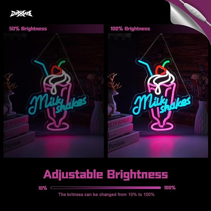 Milk Shakes Neon Signs Ice Cream Neon Light Milk Tea LED Neon Light Milk USB Powered Dimmable(12.6x14.8 Inch) - Image 4