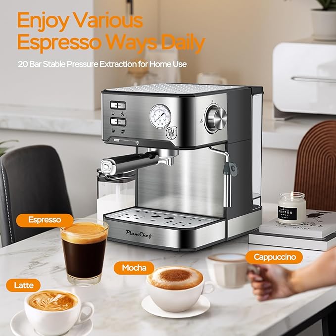 Espresso Machine Household Coffee Espresso Maker,Low Noise and Fast Coffee Machine for Cappuccino Latte,with Milk Frother Steam Wand Pressure Gauge 54oz Water Tank