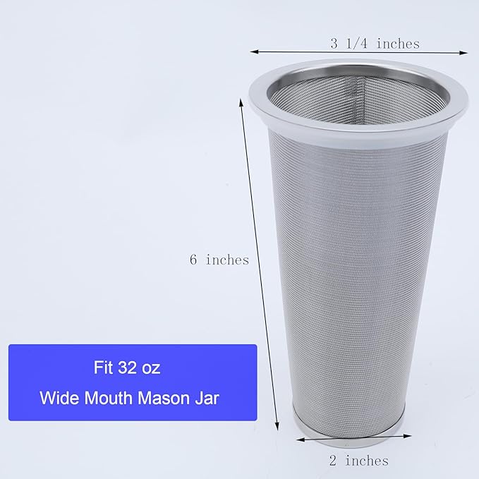 Fermus Cold Brew Coffee Filter for 32oz / 1Quart Wide Mouth Mason Jar Infuser 304 Stainless Steel Strainer with Seal Ring Design for Grounds Tea Fruit Coffee Filter (32 Ounces Mason Jar Filter)