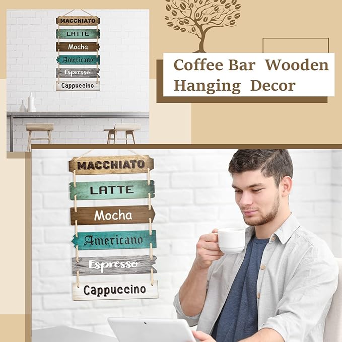 Chunful Coffee Bar Decor Coffee Signs Wooden Rustic Vintage Hanging Wall Art Decorative Signs Plaques for Bar Farmhouse Station Home Kitchen Office,21.3 x 11.2 Inches