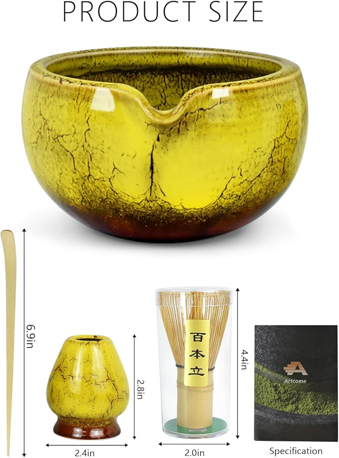 Artcome Matcha Tea Set – 20.2oz Premium Matcha Bowl with Spout, Whisk, Scoop, Whisk Holder & Brewing Guide – Authentic Japanese Tea Ceremony Tools for Perfect Matcha Preparation, Yellow
