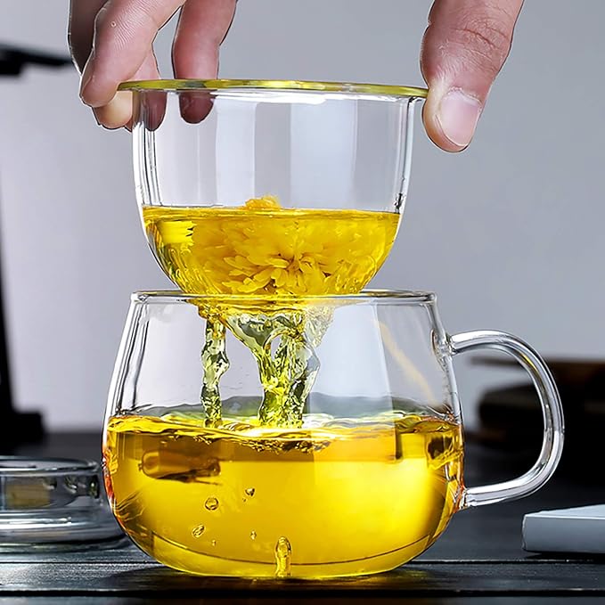 Lezero 13oz Tea Infuser Cups Kits, Glass Mugs with Filter Basket and Lid for Loose leaf-Tea Brewing, Heat Resistant, Lead-free, Microwave & Dishwasher Safe