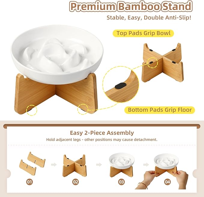 Slow Feeder Cat Bowl Set - White Melamine Maze Dish in 2 Styles (Single Bowl & with Bamboo Stand) - Whisker-Friendly, Shallow, Elevated Combo