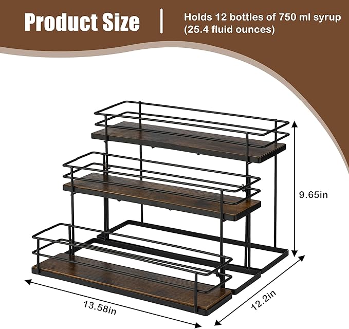 Coffee Syrup Organizer rack, 3 Tier Syrup Holder(12 Bottle Capacity) for coffee bar syrup storage,kitchen condiment organization and wine display.