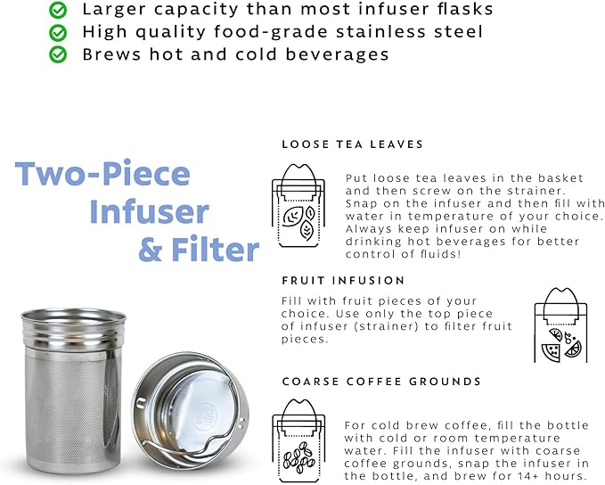 The London Sip 25 oz Multi-Function Travel Mug and Tumbler Tea Infuser Water Bottle Fruit Infused Flask Hot and Cold Double Wall Stainless Steel Coffee Thermos, Celestial Blue, Pack of 2