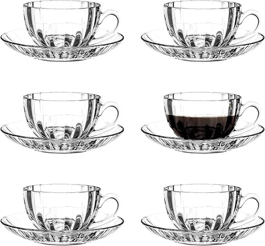 Glass Tea Cups and Saucers Set of 6 - Small Glass Coffee Mugs - Pumpkin Teacups for Espresso Cappuccino Latte Tea - Halloween Thanksgiving Decor Gift (5.4 OZ / 161 ML)