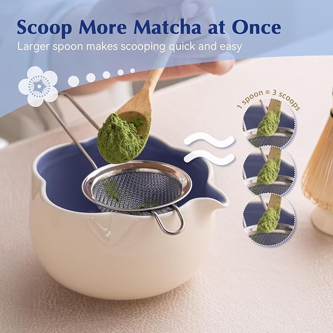 Matcha Set, 8Pcs Floral Ceramic Matcha Kit with Matcha Whisk, Holder, Scoop, Scoop Rest, Sifter, Spoon and Tea Towel - Thoughtful Matcha Whisk Set Gift for Matcha Lovers (Beige & Blue)