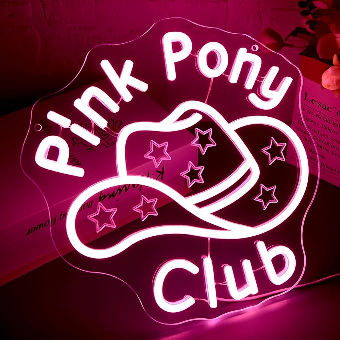 Pink Pony Club Neon Sign for Wall Decor Dimmable Western Cowgirl Hat LED Light for Music Room Party Girls Room Pink Cowgirl Decor Princess Signs Western Art Gifts for Girls Size 12.2*11.8in(GLNCP117)