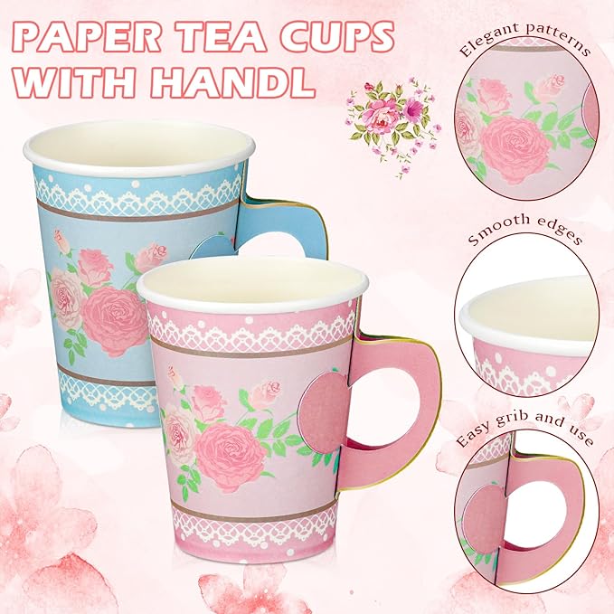 24 Sets Floral Paper Tea Cups and Saucers Disposable Tea Party Decorations 9 Inch Paper Plate, Saucer, Napkin, 9 oz Cups with Handle for Party Supplies (Floral)