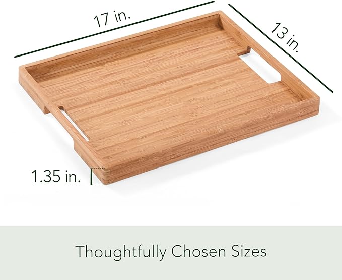 DETOR Serving Tray 17" x 13", Innovative Anti-Slip Coating, Light Walnut Bamboo Finish, Solid Bamboo Board, Decorative & Ottoman Tray for Food, Drinks, and Home Décor