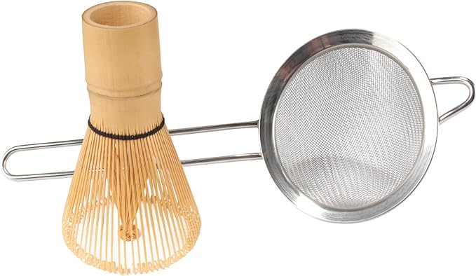 BambooMN Matcha Whisk and Tea Strainer - Japanese Tea Ceremony Set - 2 Sets