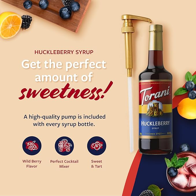 Torani Huckleberry Syrup for Drinks, Flavoring for Iced Tea, Lemonade, Sodas, and Cocktails, Pump Included, 25.4 Oz