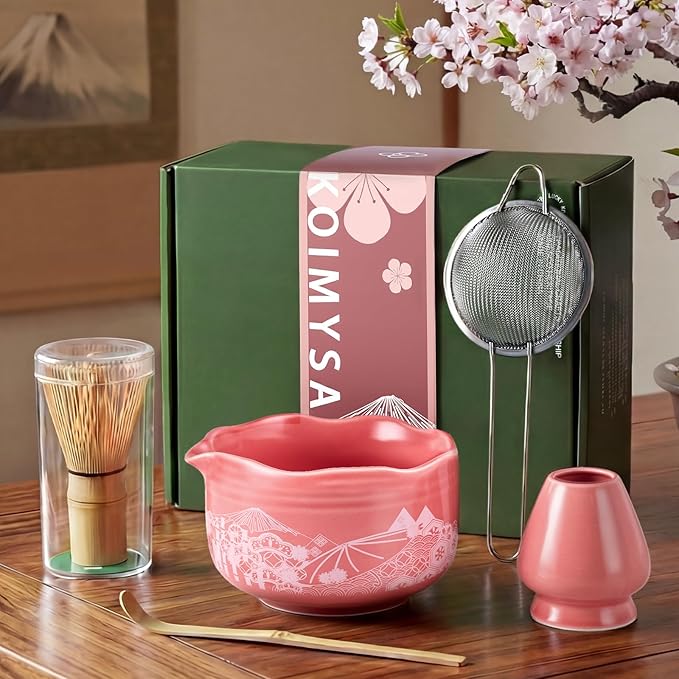 Matcha Whisk Set With Japanese Culture Design, Red Matcha Bowl Set and Whisk Holder, Ceremonial Tea Serving Gift Kit