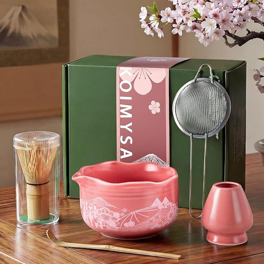 Matcha Whisk Set With Japanese Culture Design, Red Matcha Bowl Set and Whisk Holder, Ceremonial Tea Serving Gift Kit