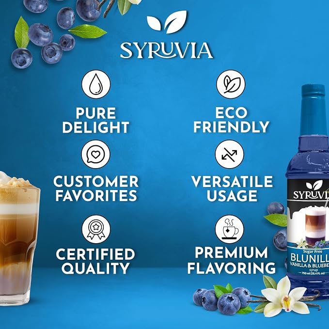 Syruvia Sugar Free Coffee Syrup, BLUNILLA Syrup, Vanilla Blueberry Flavored Syrup for Drinks, Lattes, and Desserts – 25.4 fl oz, With Pump - Image 5