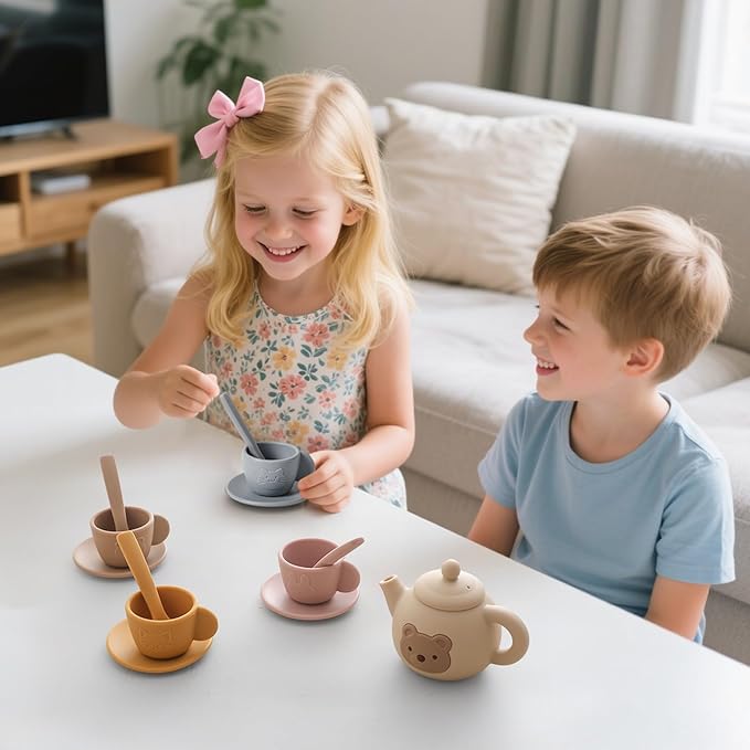 Tea Party Set for Little Girls 1-3 Kids Tea Set 14 Pcs with Silicone Teapot Cups Coasters Carrying Scoop, Kitchen Accessories Pretend Play for Girls Boys Age 3 4 5