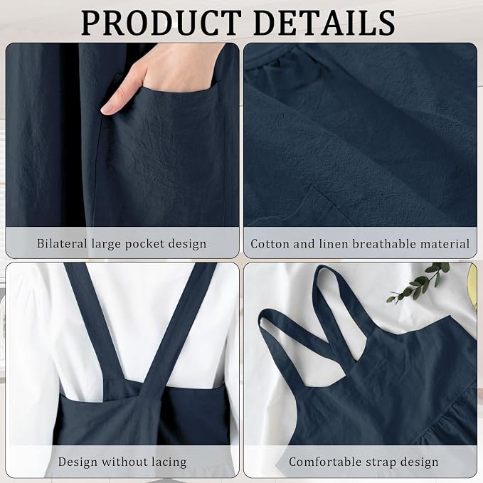 Cotton Linen Cross Back pinafore Apron Dress for Women with Pockets for Cooking Cleaning - Crossback Apron - Blue - without Waist Ties - Image 6