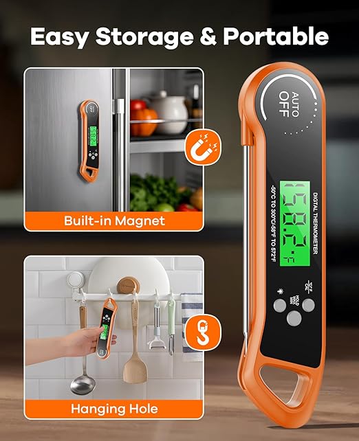 Meat Thermometer Digital, Instant Read Thermometer with Backlight, Calibration & Hold Function, Waterproof Food Thermometer for Kitchen and Outside, BBQ,Turkey, Candy, Liquids, Beef (Orange)