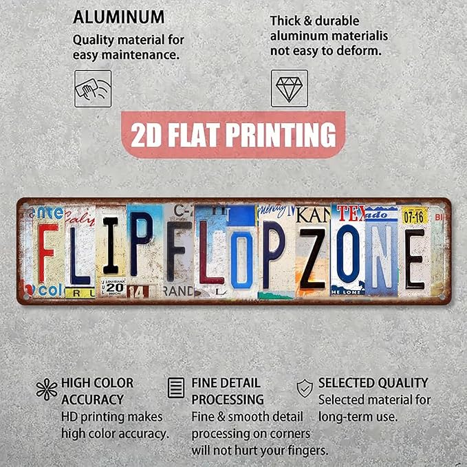 Vintage License Plate FLIP FLOP ZONE Sign – 16x4 Inch Rustic Tin Wall Décor for Beach House, Poolside, Patio, Coastal Cottage or Summer Bar - Image 3
