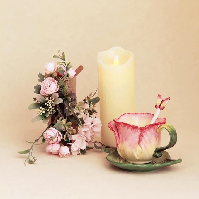 Ceramic Tea Cup and Saucer Set ，6OZ 3D Hand-Painted Flower Coffee Mug，Gift for Women -Pink Tulip